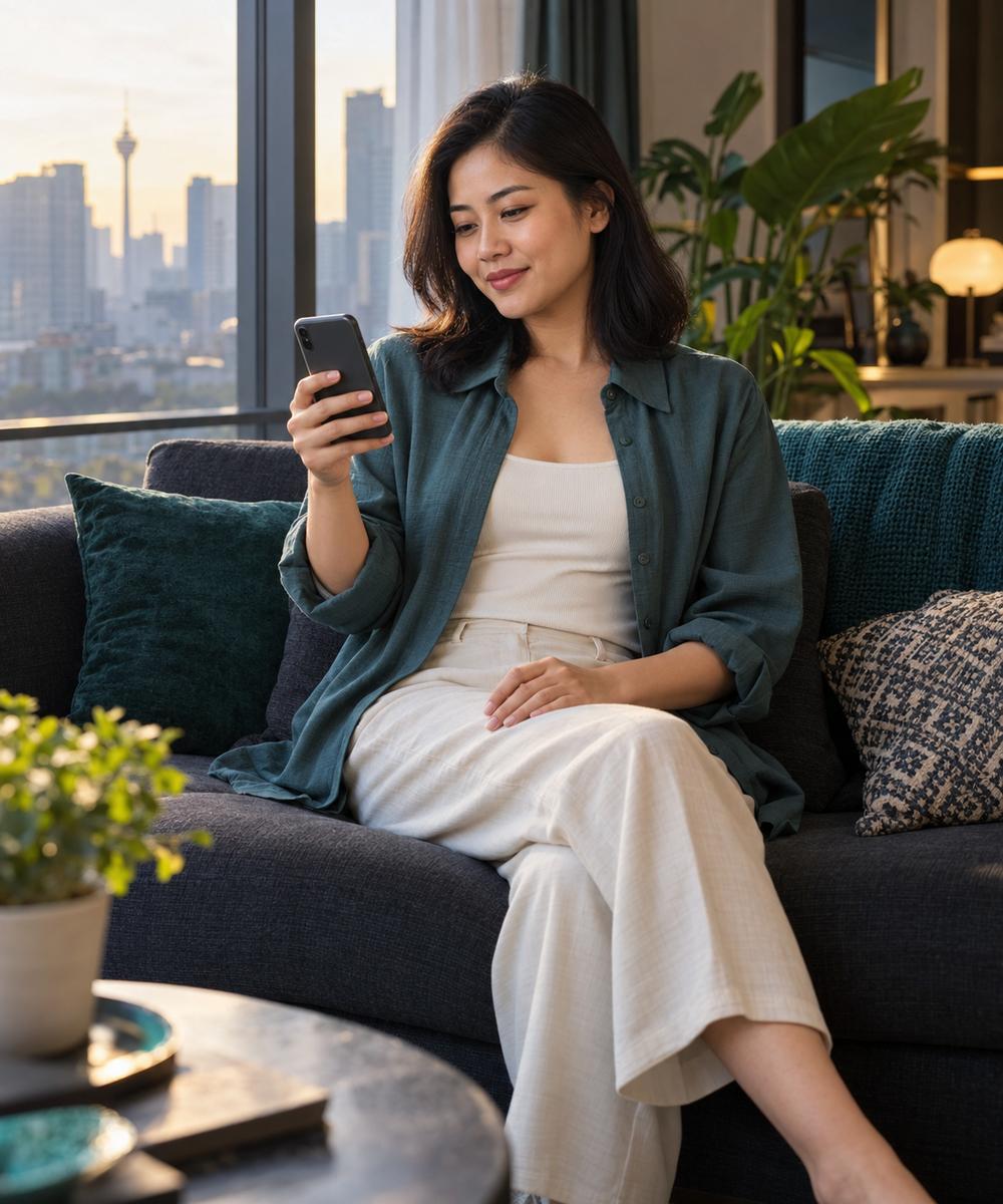 An adult woman using a smartphone beside a window for the MYR33 App and mobile access guide